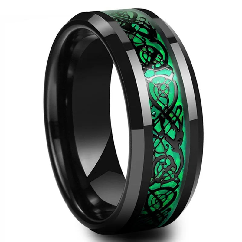 Men's Black Tungsten & Red Carbon Fiber Celtic Dragon Ring