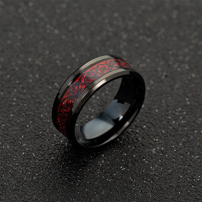 Men's Black Tungsten & Red Carbon Fiber Celtic Dragon Ring