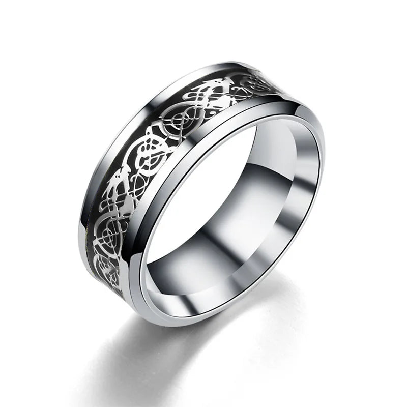 Men's Black Tungsten & Red Carbon Fiber Celtic Dragon Ring